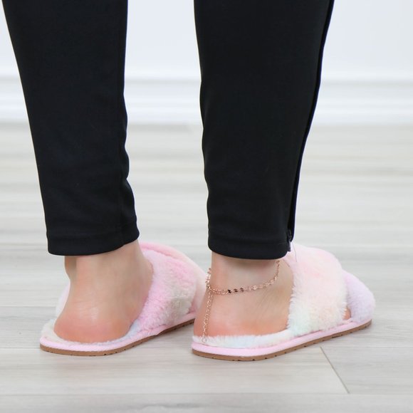 Tie Dye Fuzzy Plush Criss Cross Sandal Sliders - Picture 7 of 16